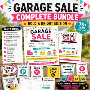 Op de afbeelding: Een complete garage sale bundel met een gedurfd en helder ontwerp. Inclusief promotieflyers, social media graphics, een quick-start gids, bewegwijzering, prijskaartjes en tracker vellen. De bundel is klaar voor gebruik en bevat de tekst "Garage Sale".