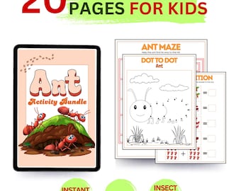 Zestaw aktywności dla dzieci z mrówkami, arkusze ćwiczeń z owadami do druku, ćwiczenia matematyczne z labiryntem słówek z cyklu życia mrówek, nauka w domu w formacie PDF