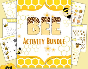 Pakiet aktywności o pszczołach do druku w formacie PDF dla dzieci, pakiet edukacyjny dla przedszkolaków, arkusze ćwiczeń o pszczołach, aktywności domowe, gry do kolorowania, śledzenia i liczenia