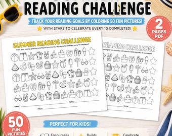 Summer Reading Challenge Printable | Reading Tracker Coloring Page | Kids Reading Log | Library Activity | Homeschool PDF | 2 Pages