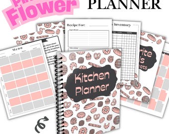 Planer posiłków, organizer przepisów na produkty spożywcze, motyw różowej kuchni (PDF)