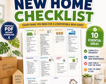 New Home Checklist Printable PDF, Moving House Essentials List, Home Setup Planner, First Time Homeowner Organizer