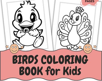 Actividad imprimible para niños: Dibujos para colorear de pájaros adorables, libro para colorear de animales en PDF, dibujos fáciles para colorear pájaros (descarga digital).