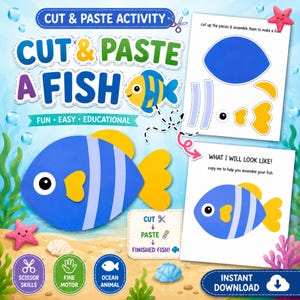 以下が含まれることがあります： 青と黄色の魚のデザインが特徴の子供向け切り貼りアクティビティシート。この印刷可能なシートには、形を切り抜いて魚を組み立てる手順が記載されており、Cut & Paste A Fish、What I Will Look Like、Instant Downloadというテキストが含まれています。