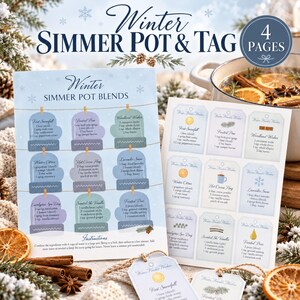Recepten voor winterse stoofpotten en printbare cadeaulabels, gezellige winterpotpourri, gastgeschenk voor de feestdagen, zelfgemaakte kerstcadeaulabels
