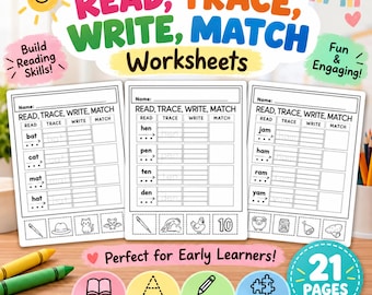 Read Trace Write Match Worksheets, Preschool Phonics Printable, CVC Word Worksheets, Kindergarten Literacy Activity, Homeschool PDF