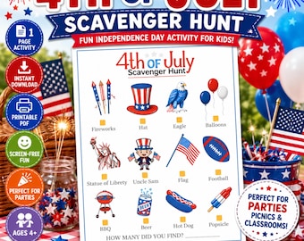 4th of July Scavenger Hunt Printable PDF for Kids | Independence Day Activity Sheet | Patriotic Party Game (Instant Download)