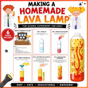Könnte beinhalten: Eine pädagogische Infografik mit dem Titel Making a Homemade Lava Lamp, Fun Science Experiment for Kids. Sie zeigt Zeichentrick-Wissenschaftler, eine Materialliste und fünf illustrierte Schritte zur Herstellung einer Lavalampe mit einer Flasche.
