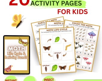 Moth Life Cycle Activity Pack for Kids, Insect Science Printable Worksheets, Moth Lifecycle Learning PDF, Homeschool Nature Study