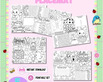 Podkładka z aktywnościami wiosennymi do druku | Wiosenne arkusze ćwiczeń dla dzieci w formacie PDF | Kolorowanki z labiryntem słów i szpiegiem | Aktywność dla przedszkolaków