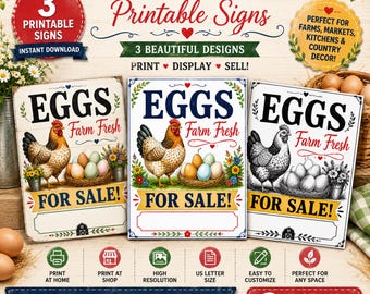 Farm Fresh Eggs Sign Printable, Farm Stand Sign, Fresh Eggs for Sale Sign, Chicken Coop Decor, 3 Printable Designs PDF