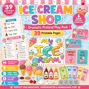 Ice Cream Shop Dramatic Play Printable, Pretend Play Pack for Preschool & Kindergarten, Ice Cream Stand Role Play, Menu, Order Forms