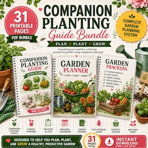 May include: A 31-page printable PDF garden planning bundle featuring three spiral-bound guides titled Companion Planting Guide, Garden Planner, and Garden Trackers. The cover art displays illustrations of vegetables, flowers, and gardening tools.