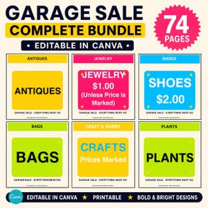 May include: A digital garage sale sign bundle featuring 74 pages editable in Canva. The layout displays six colorful category signs for Antiques, Jewelry, Shoes, Bags, Crafts, and Plants, each with bold text and the phrase Garage Sale Everything Must Go.