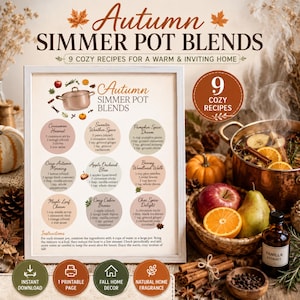 May include: A framed print titled Autumn Simmer Pot Blends featuring 9 recipes for home fragrance. The print includes instructions and illustrations of ingredients like cinnamon, orange, and apples. Beside it sits a copper pot with fruit.