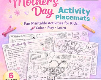 Mother’s Day Activity Placemats Printable, Kids Coloring & Games PDF, Word Search, Tic Tac Toe, All About Mom Worksheet, Instant Download