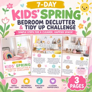 Reto imprimible para niños sobre cómo ordenar, tabla de organización de 7 días para niños, lista de verificación para la limpieza del dormitorio, tabla de rutinas para niños, descarga instantánea en PDF.