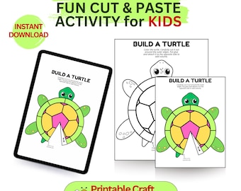 Zbuduj żółwia do druku dla dzieci, Wytnij i wklej aktywność żółwia, Arkusz ćwiczeń z morskimi zwierzętami, Przedszkole, edukacja domowa, nauka oceanu, PDF