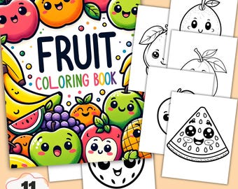 Kolorowanka z owocami dla dzieci, strony z owocami w stylu kawaii, zajęcia edukacyjne dla przedszkolaków (do pobrania w wersji cyfrowej)