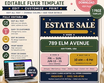 Editable Estate Sale Flyer Template, Canva Estate Sale Sign, Garage Sale Flyer, Yard Sale Poster, Instant Download PDF