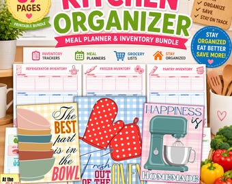 Kitchen Organizer Printable Bundle, Meal Planner & Inventory Tracker PDF, Grocery List Binder, Pantry Freezer Refrigerator Organizer