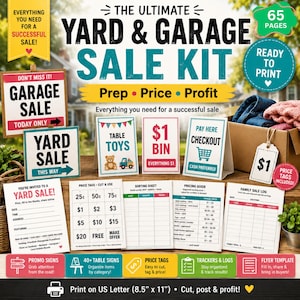 May include: A yard and garage sale kit with signs, price tags, and logs. The kit includes signs for "Garage Sale" and "Yard Sale," along with price tags and a flyer template. The kit is designed to help organize and promote a successful sale.