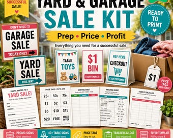 Yard and Garage Sale Kit Printable Bundle: Garage Sale Signs, Price Tags, Flyer Template, Checkout Signs & Sale Tracker (Digital Download)
