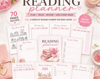 Pink Reading Planner Printable PDF, 70 Page Book Journal, Reading Log Tracker, Book Review, Reading Challenge