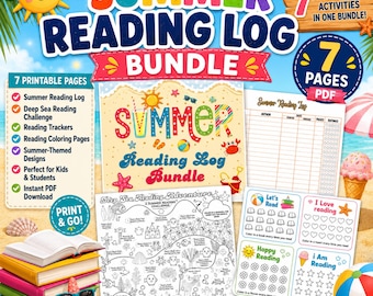 Summer Reading Log Bundle Printable, Reading Challenge for Kids, Reading Tracker, Reading Coloring Pages, 7 Page PDF
