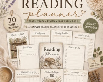 Beige Reading Planner Printable PDF | 70 Page Book Journal | Reading Log Tracker | Book Review & Reading Challenge