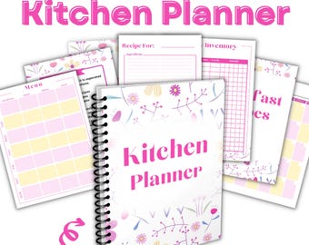 Planer posiłków do druku | Motyw kuchni z różowymi kwiatami, lista zakupów i organizer przepisów w formacie PDF