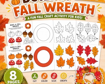 Build a Fall Wreath Printable, Autumn Craft for Kids, Cut and Paste Wreath Activity, Fall Preschool Craft, Classroom Activity