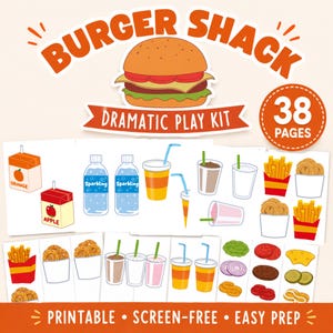 May include: A Burger Shack dramatic play kit featuring 38 pages of printable food and drink illustrations. The set includes orange and apple juice boxes, sparkling water bottles, various fountain drinks, french fries, onion rings, and burger toppings.
