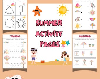 Summer Activity Sheets for Kids, Printable Workbook PDF, Preschool Learning Activities, Tracing Coloring Matching Games, Instant Download