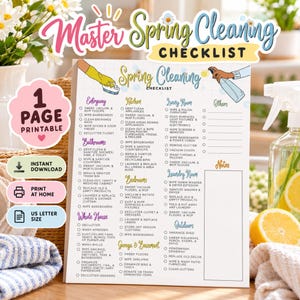 Könnte beinhalten: Eine ausdruckbare Checkliste für den Frühjahrsputz auf weißem Papier mit kariertem Hintergrund. Das Dokument enthält Abschnitte für Eingangsbereich, Küche, Badezimmer, Schlafzimmer, Wohnzimmer, Waschküche, Außenbereich und Garage mit Checkboxen.