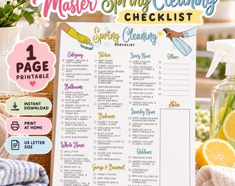 Master Spring Cleaning Checklist Printable, Spring Cleaning Planner, Home Cleaning Checklist, House Cleaning Organizer, Cleaning List