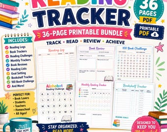 Reading Tracker Bundle for Teens, Reading Journal Printable, Book Tracker, Reading Challenge, 36 Page PDF Planner