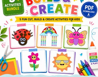 Kids Printable Activity: Build and Create Summer Bundle for Kids, Fine Motor Skills Preschool Cut and Paste Crafts PDF (Digital Download)