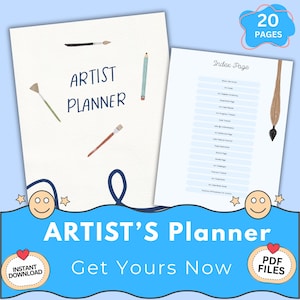 Puede incluir: Un planificador de artista con una portada crema clara con las palabras "ARTIST PLANNER" e ilustraciones de materiales de arte. El planificador incluye una página de índice con varias secciones. La imagen también incluye el texto "ARTIST'S Planner" y "Get Yours Now".