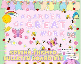 Zestaw wiosennej tablicy ogłoszeń | Dekoracje do klasy „Ogród wspaniałej pracy” | Wydrukowana wiosenna tablica ogłoszeń | Motyw ogrodu „Pszczoły i kwiaty”