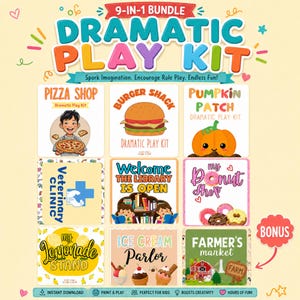 May include: A 9-in-1 dramatic play kit bundle featuring colorful illustrations and text for various themes including Pizza Shop, Burger Shack, Pumpkin Patch, Veterinary Clinic, Library, Donut Shop, Lemonade Stand, Ice Cream Parlor, and Farmer's Market.