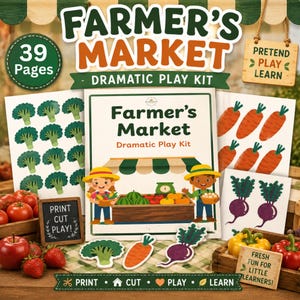 May include: A Farmer's Market dramatic play kit featuring 39 pages of printable vegetable graphics including broccoli, carrots, and beets. The kit includes a central sign, a small chalkboard with the text Print Cut Play, and a wooden sign.