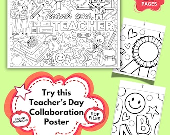 Kids Printable Activity: Teacher Appreciation Classroom Collaborative Coloring Poster, Thank You Teacher Group Activity (Digital Download)