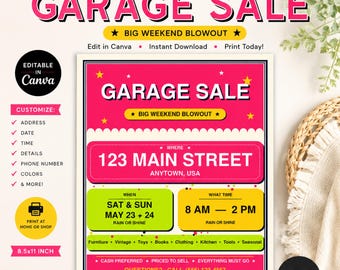 Editable Garage Sale Flyer Template, Canva Yard Sale Poster, Printable Garage Sale Sign, Estate Sale Flyer, Instant Download