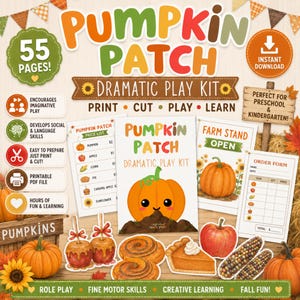 Afdrukbare pompoenpatch Dramatic Play Kit | Voorschoolse herfstactiviteiten | Fantasiespelcentrum | Thuisonderwijs pdf | 55 pagina's