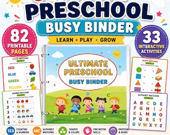 Ultimate Preschool Busy Binder Printable PDF, 82 Page Learning Activity Workbook, Preschool Kids Ages 3-5 Homeschool Resource