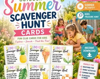 Outdoor Summer Scavenger Hunt Cards Printable, Kids Treasure Hunt Game, Backyard Activity, Summer Party Game, Instant Download PDF