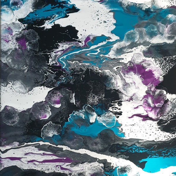 tableau abstrait blanc turquoise noir violet acrylique grand format