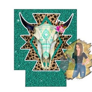 Floral Bull Skull Turquoise Glitter Can Cooler Template