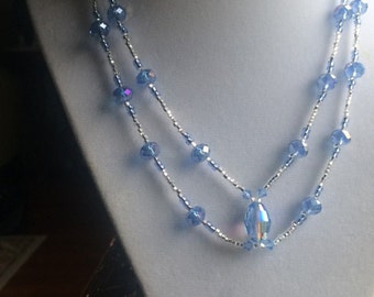 Handmade Light Baby Blue and Crystal Clear Sparkling Beaded  Double Strand Necklace. Exquisite, Elegant and Uniqu